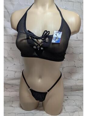 BODYZONE VINTAGE Black Sheer Mesh Halter Lace-up Front top and clip thong NWT
